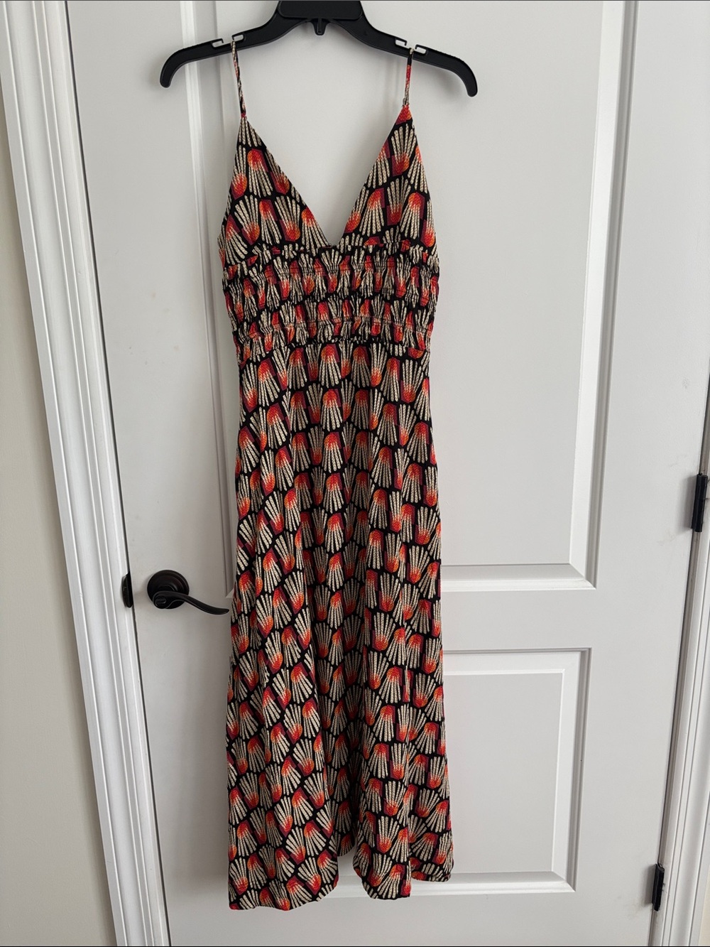 Millibon Women's Maxi Dress Medium Orange Cream Black Geometric Fan Print Smock